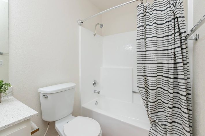 A clean bathroom featuring a white bathtub with a shower curtain in a striped pattern. There is a modern toilet nearby and a countertop with a small potted plant. The walls are painted in a light color, creating a bright and airy atmosphere.
