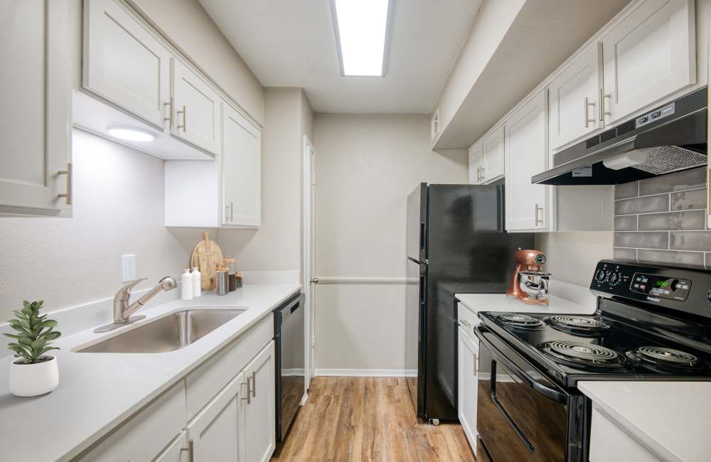 Bright kitchen with Energy Efficient Black Appliances at Lakeridge Heights in Dallas, Texas