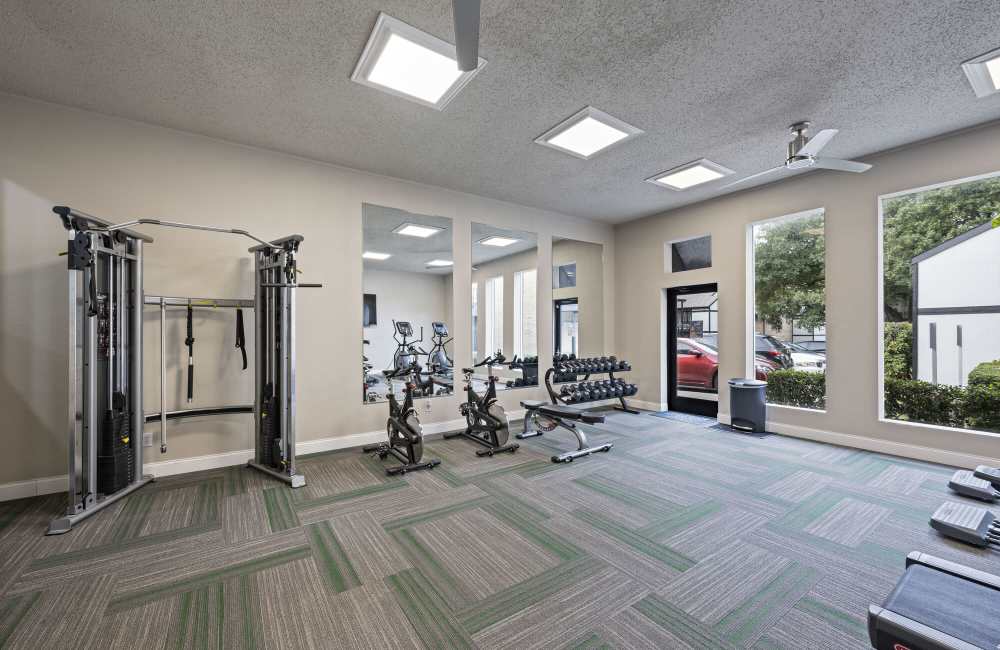 Fitness studio with treadmills, weight machines and windows at Lakeridge Heights in Dallas, Texas