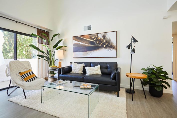 A modern living room featuring a black leather sofa adorned with decorative pillows, a glass coffee table, and a fluffy white area rug. There is a large framed artwork on the wall, a floor lamp, and potted plants, creating a bright and inviting atmosphere with large windows allowing natural light.