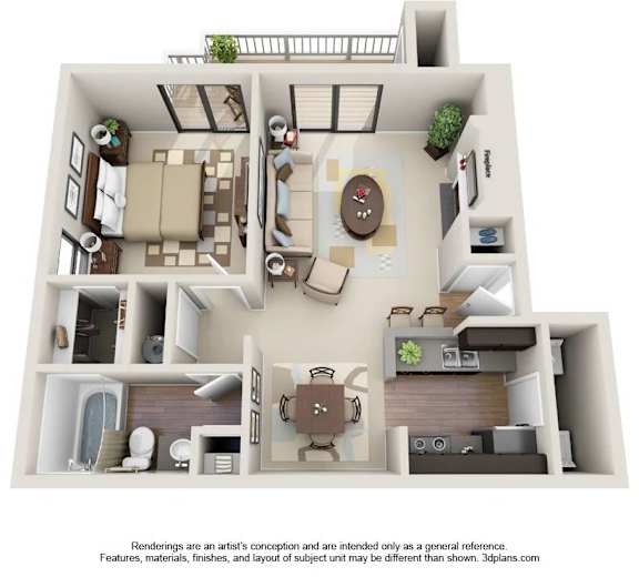 A 3D floor plan of a house with a living room, kitchen, dining room, and bathroom.