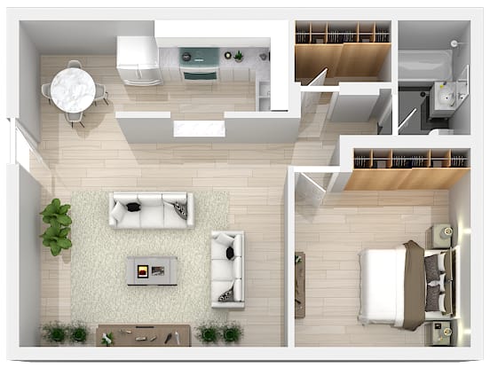 the aerial view of the living room of a 1 bedroom apartment