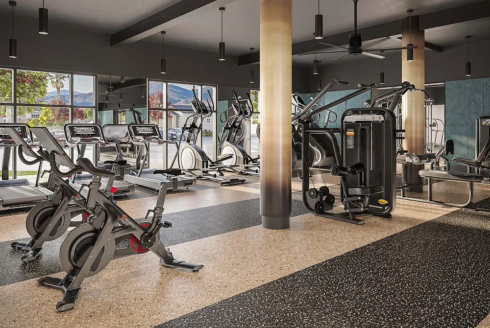 Modern gym with state-of-the-art exercise equipment, including treadmills, stationary bikes, and weight machines in a spacious, well-lit environment.