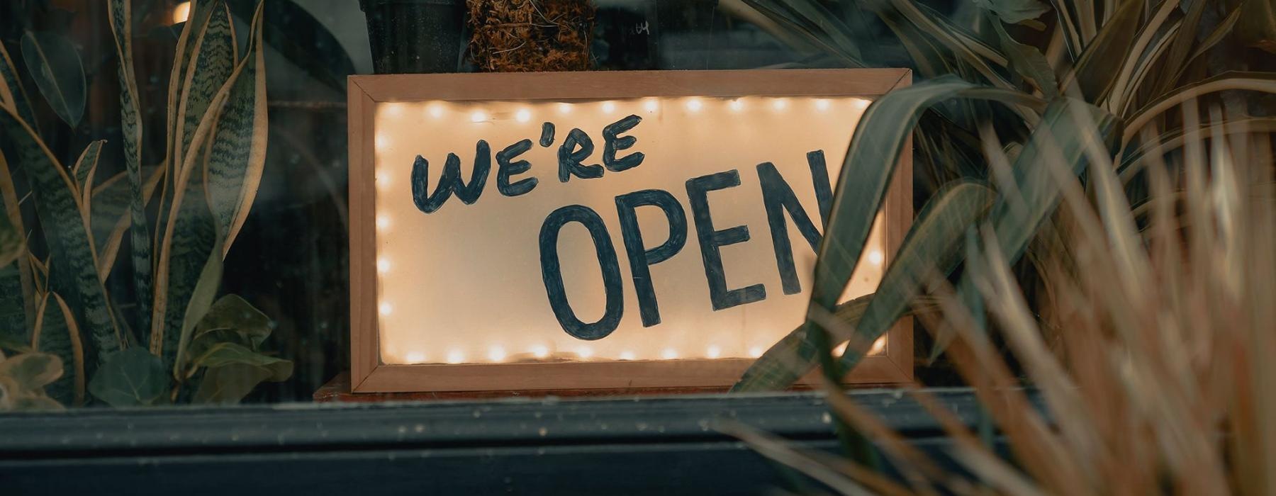 We're Open sign on a window ledge, surrounded by plants