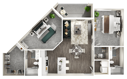 A top-down view of a house floor plan with a kitchen, living room, dining area, and bathroom.