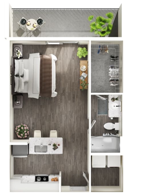 A modern bathroom with a grey floor and white fixtures.