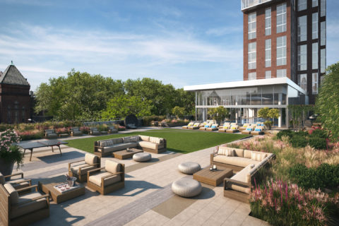 hub outdoor terrace with games and lounging areas
