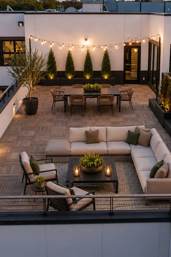 A group of people are sitting on a patio enjoying drinks.