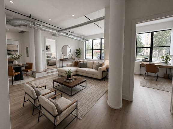 A modern living room with a white sofa, wooden coffee table, and a large window.