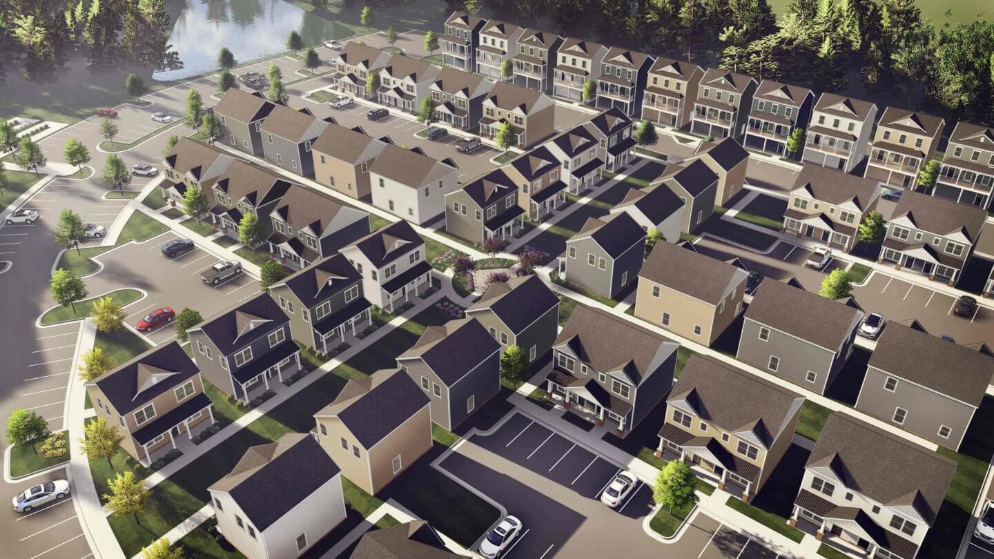 Overhead view of the Ivory on Long Creek apartment and cottage community, nestled in a serene Gastonia, NC setting.
