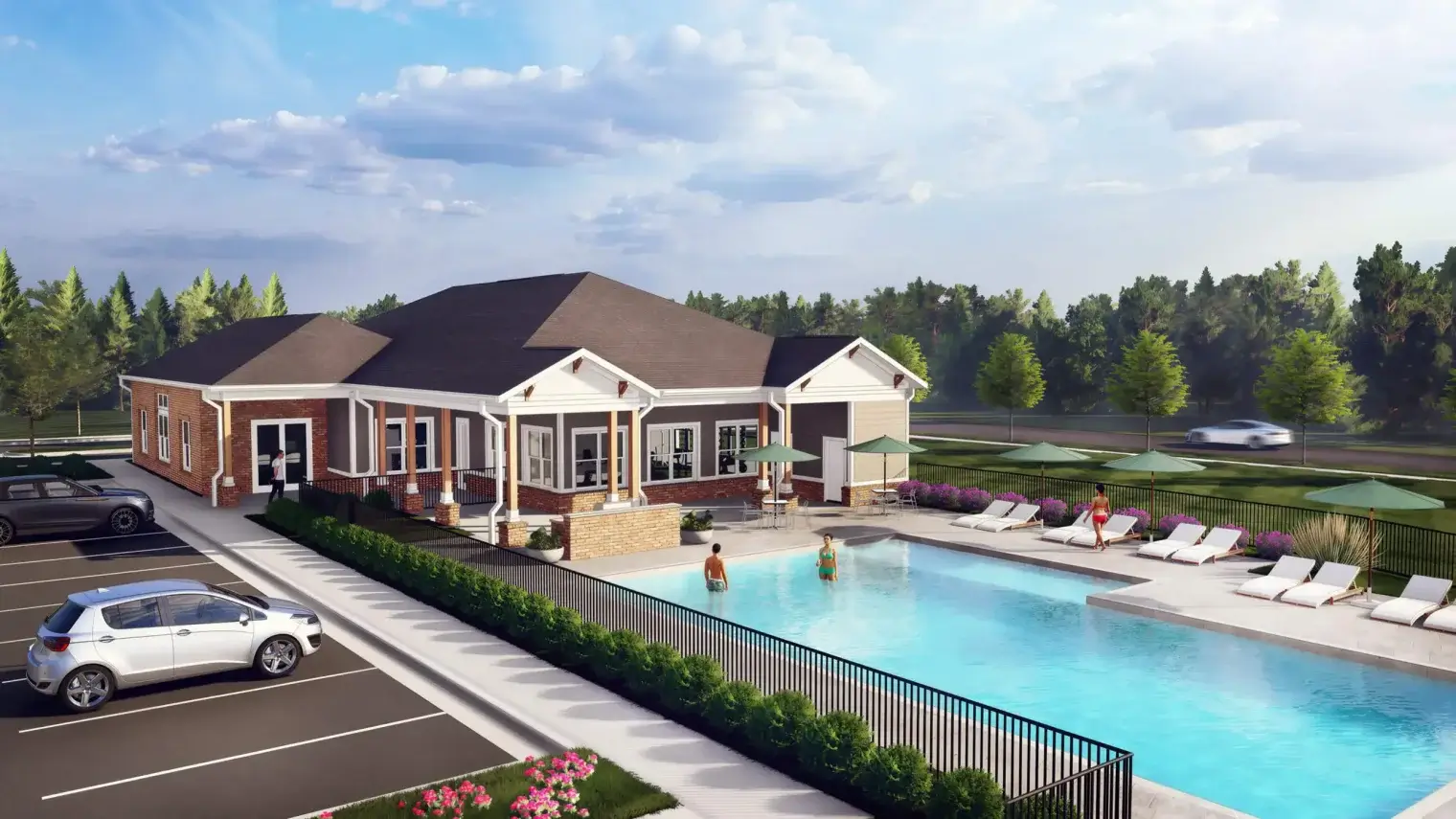 Architectural rendering from a distance, showing the expansive swimming pool and surrounding sun deck at Ivory on Long Creek.