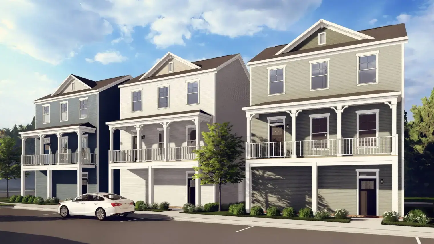 Architectural rendering of the cottage-style homes at Ivory on Long Creek in Gastonia, featuring charming streetscapes and green space.