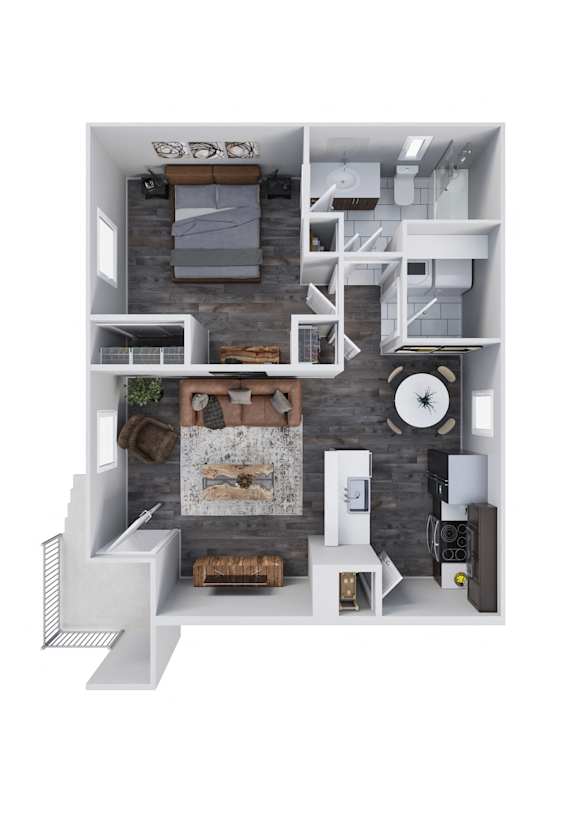 A 3D floor plan of a house with a kitchen, living room, and bathroom.
