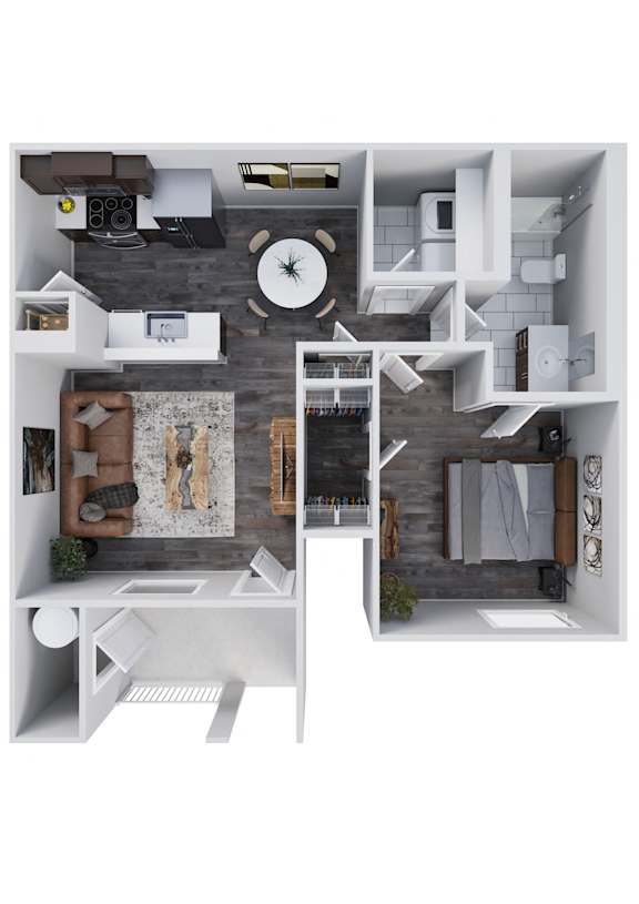 A top down view of a modern apartment with a kitchen, living room, and bathroom.