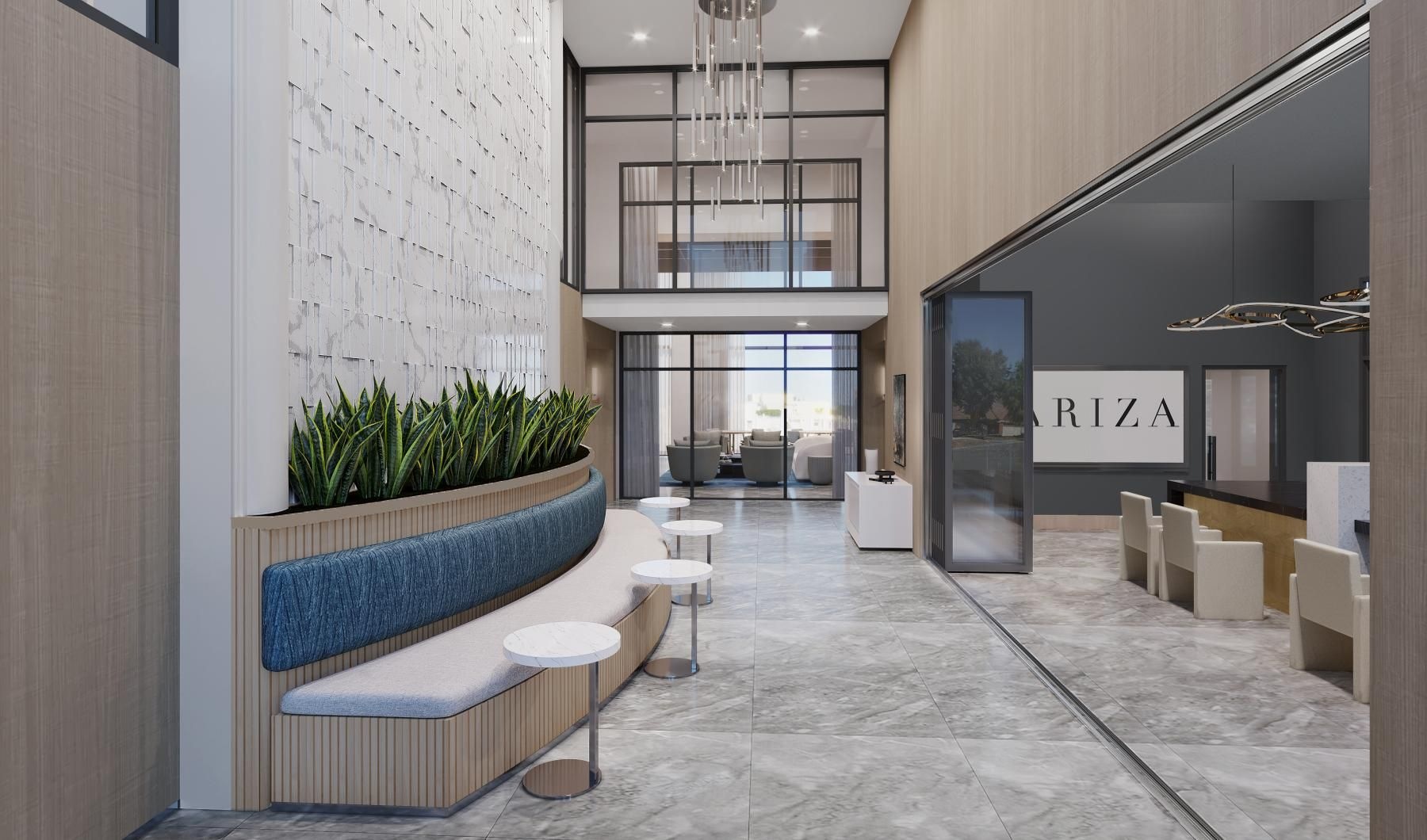 a clubroom hallway with a bench and tables