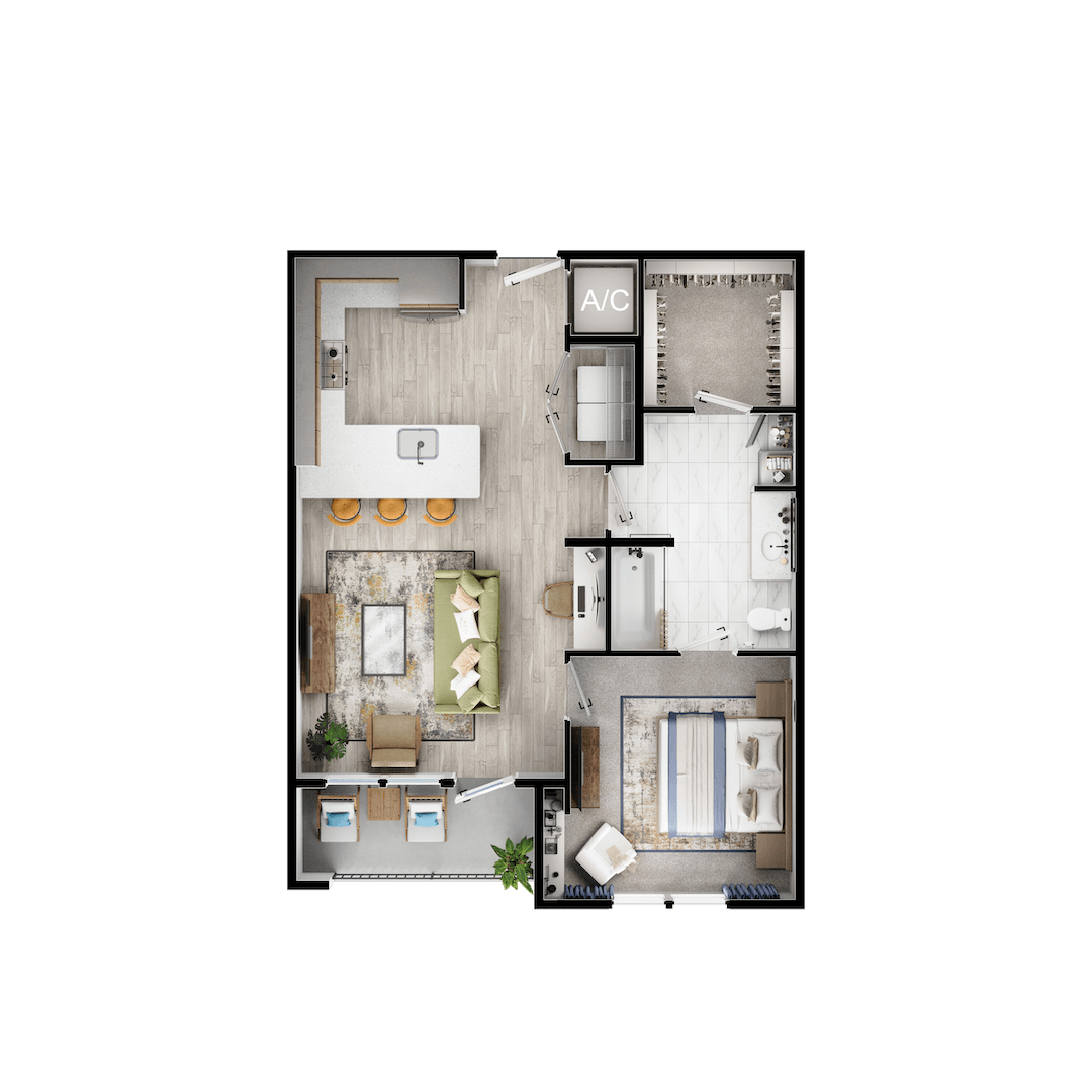 A floor plan of a house with a living room, kitchen, and two bedrooms.