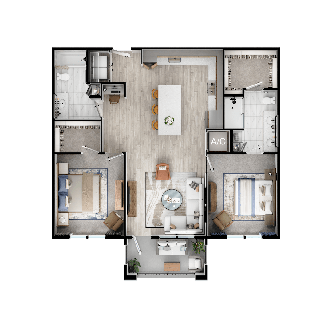A top-down view of a house layout with a central living area and surrounding rooms.