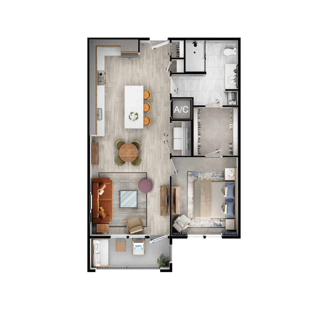 A floor plan of a house with a living room, dining room, kitchen, and bathrooms.