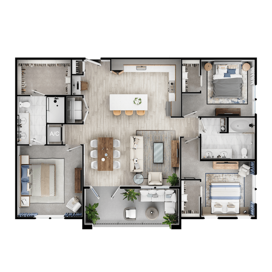 A top-down view of a house floor plan with a living room, kitchen, dining area, and bedrooms.