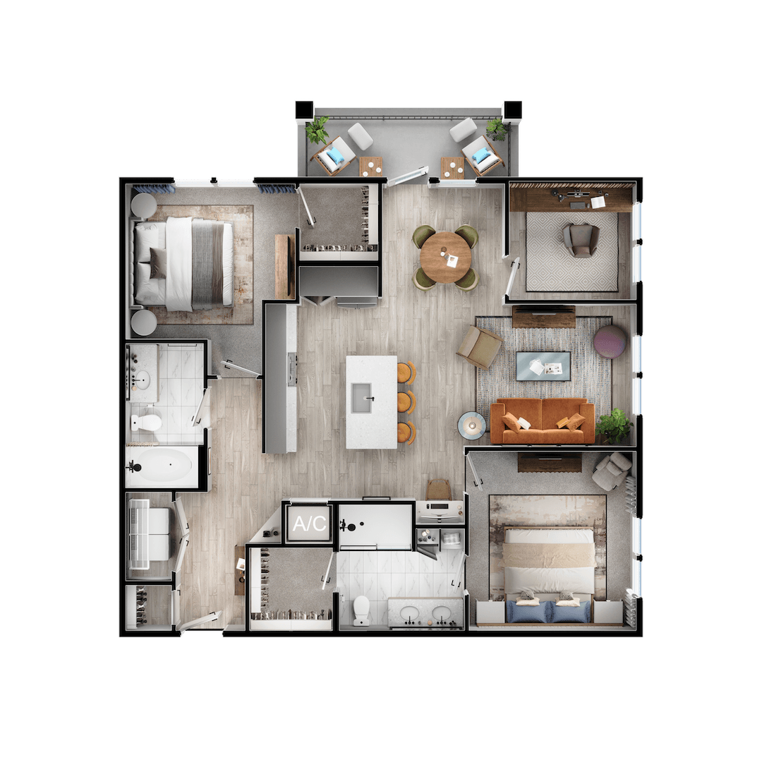A top-down view of a house layout with a kitchen, living room, and bedrooms.
