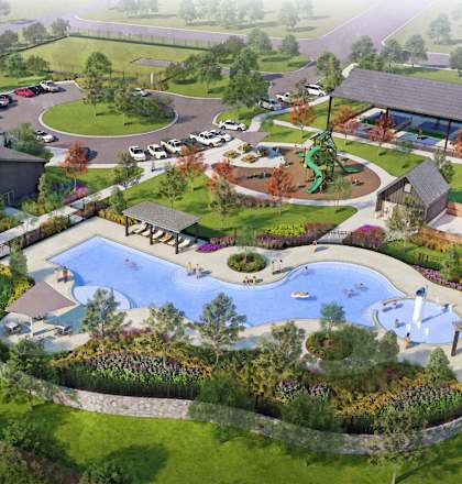 A rendering of a resort with a swimming pool and a large building.