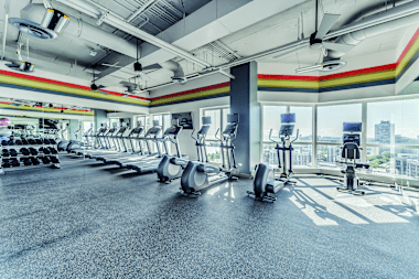 A gym with treadmills and elliptical machines.