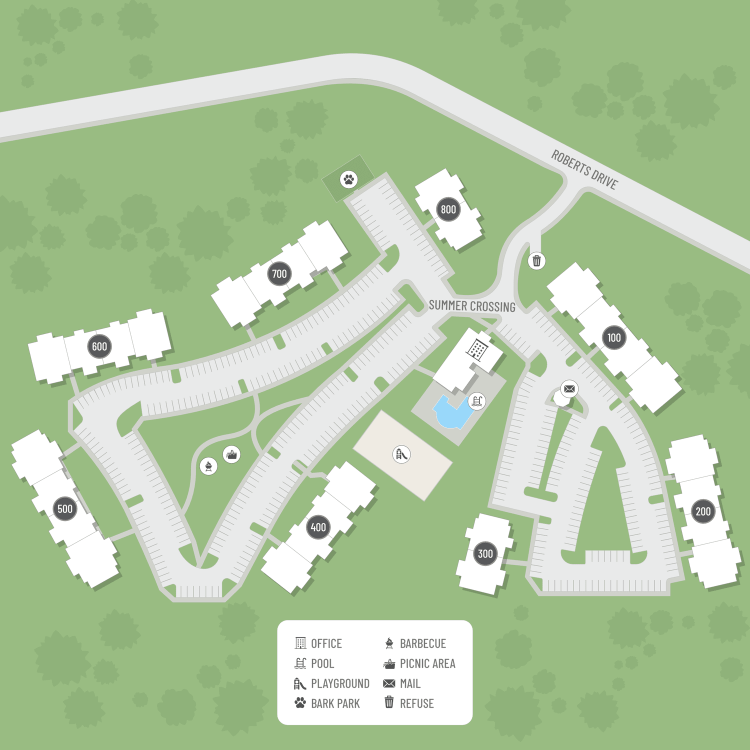 A site map marked by red dots showing unit locations, if available.