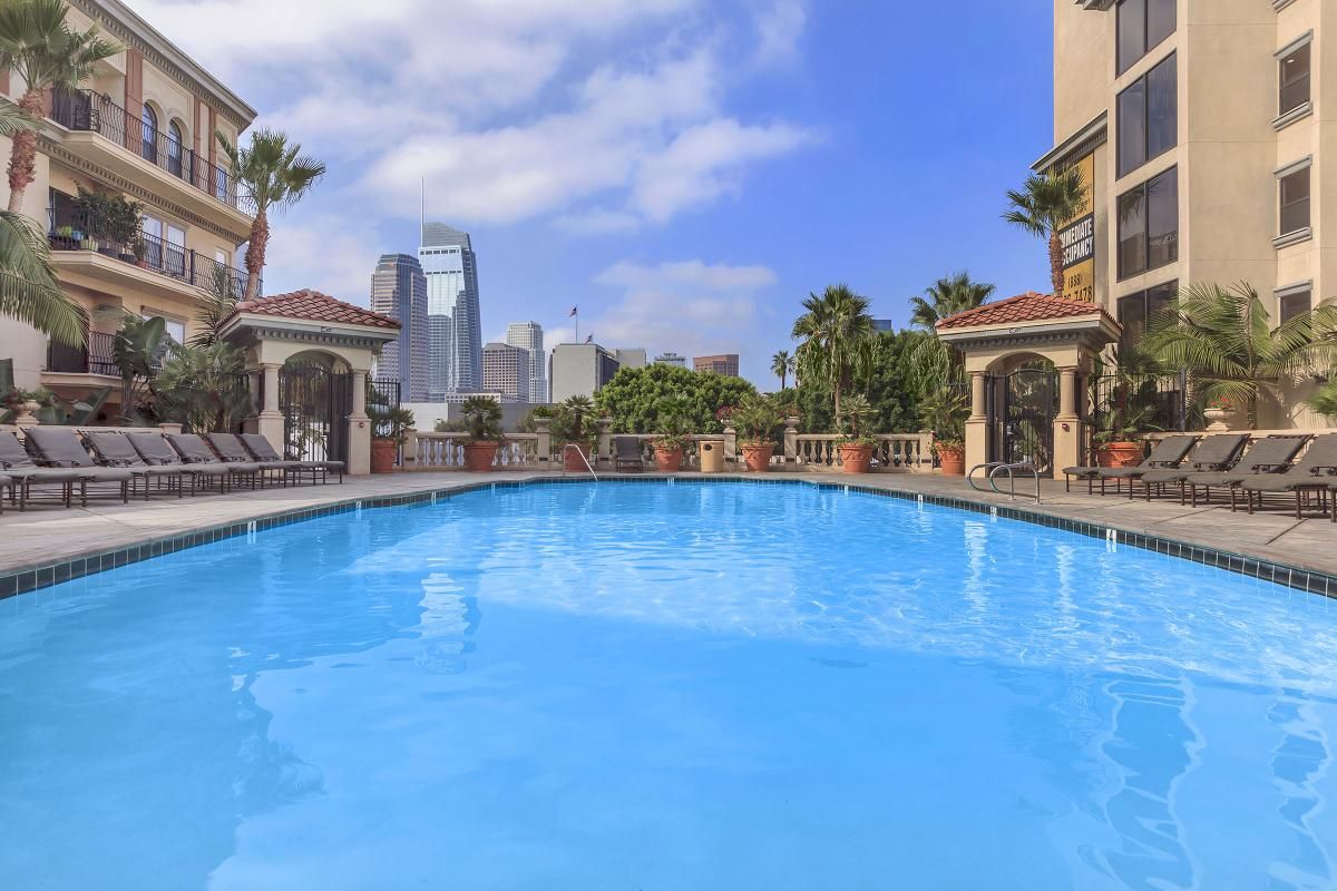 A clear, inviting swimming pool surrounded by lounge chairs and palm trees, with a backdrop of modern city skyscrapers under a blue sky with scattered clouds.