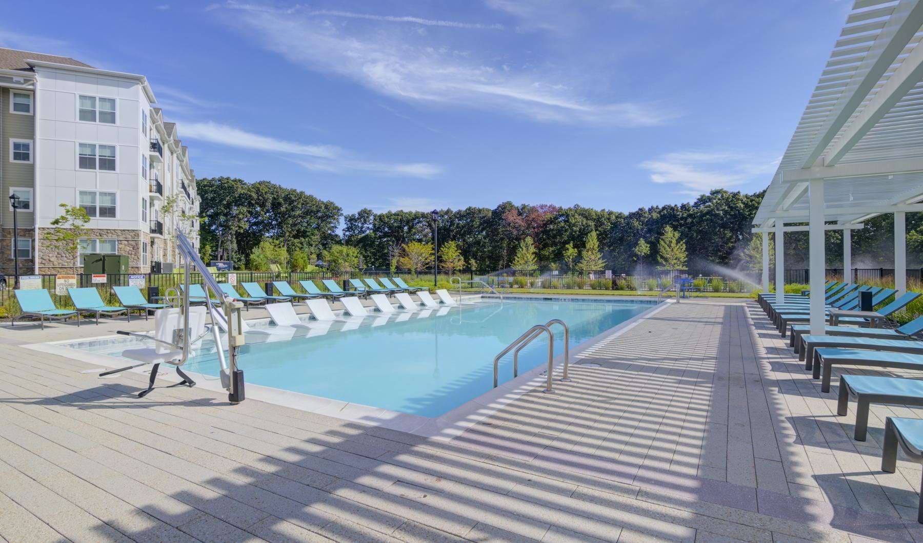 a swimming pool outside a building