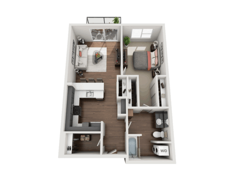 3D floor plan of a one-bedroom apartment featuring a kitchen, living room, bedroom, bathroom, walk-in closet, laundry area with washer and dryer, and a small balcony. Wood flooring is shown throughout most rooms.