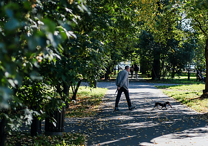 man walking on a trail with a dog