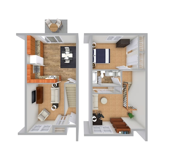 1 Bed 1 Bath 960 Sq. Ft. Townhome Floor Plan  at Arbor Pointe Townhomes Apartments, Michigan