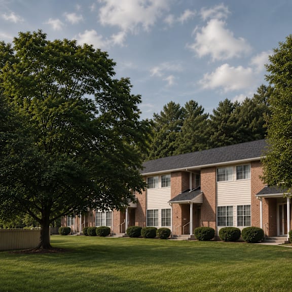 A tree stands in front of a two-story building with a white and brick exterior.