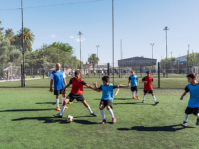Sunny outdoor soccer field with a group of youth players actively engaged in a friendly match, wearing red and blue jerseys, surrounded by lush greenery.