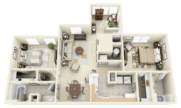 2 bedroom 2 bathroom apartment floor plan with split layout at Averly Apartments in Jonesboro, GA near Clayton State University and I-75