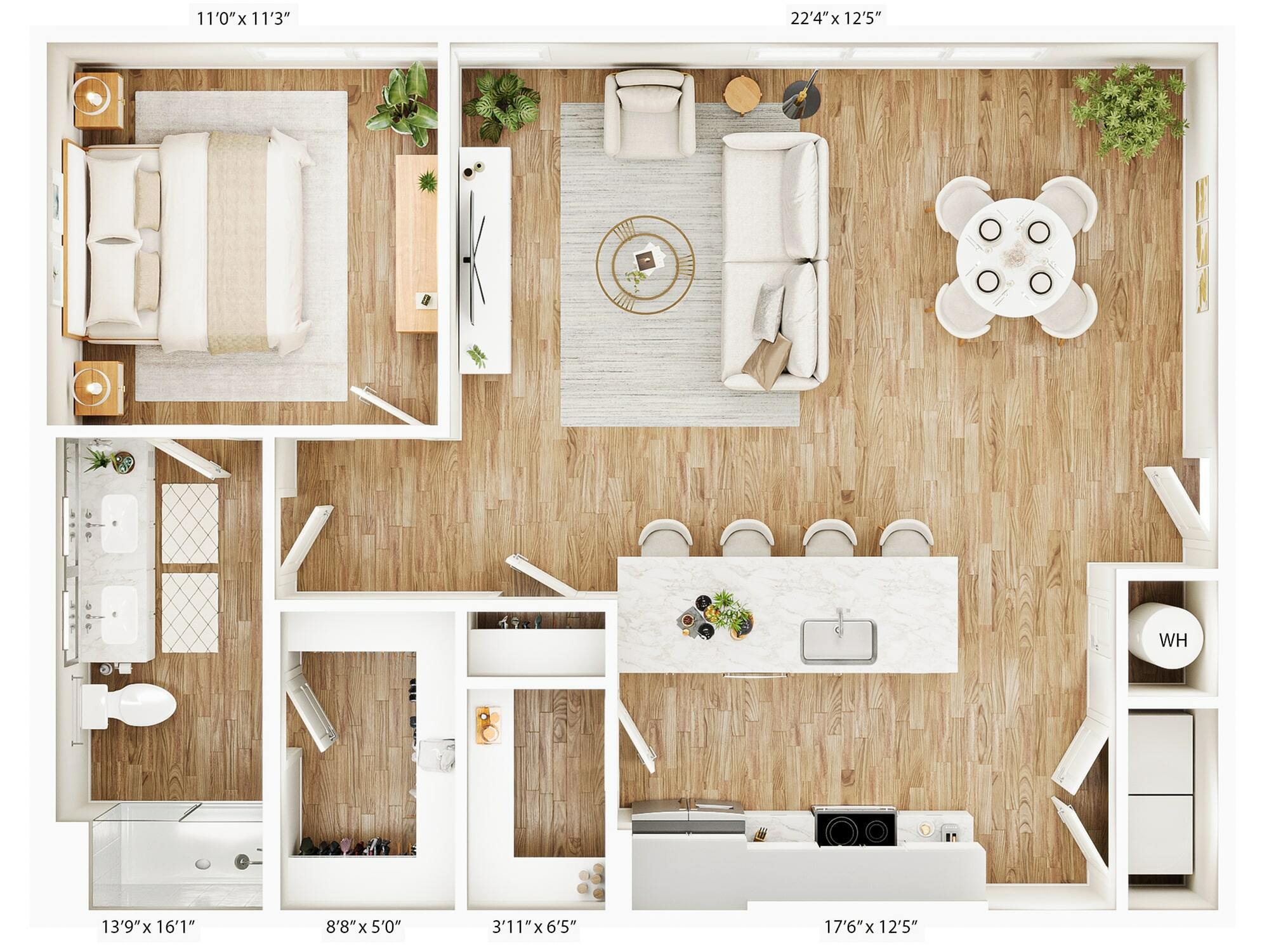 Explore this elegant one-bedroom apartment with an open floor plan designed for modern living.