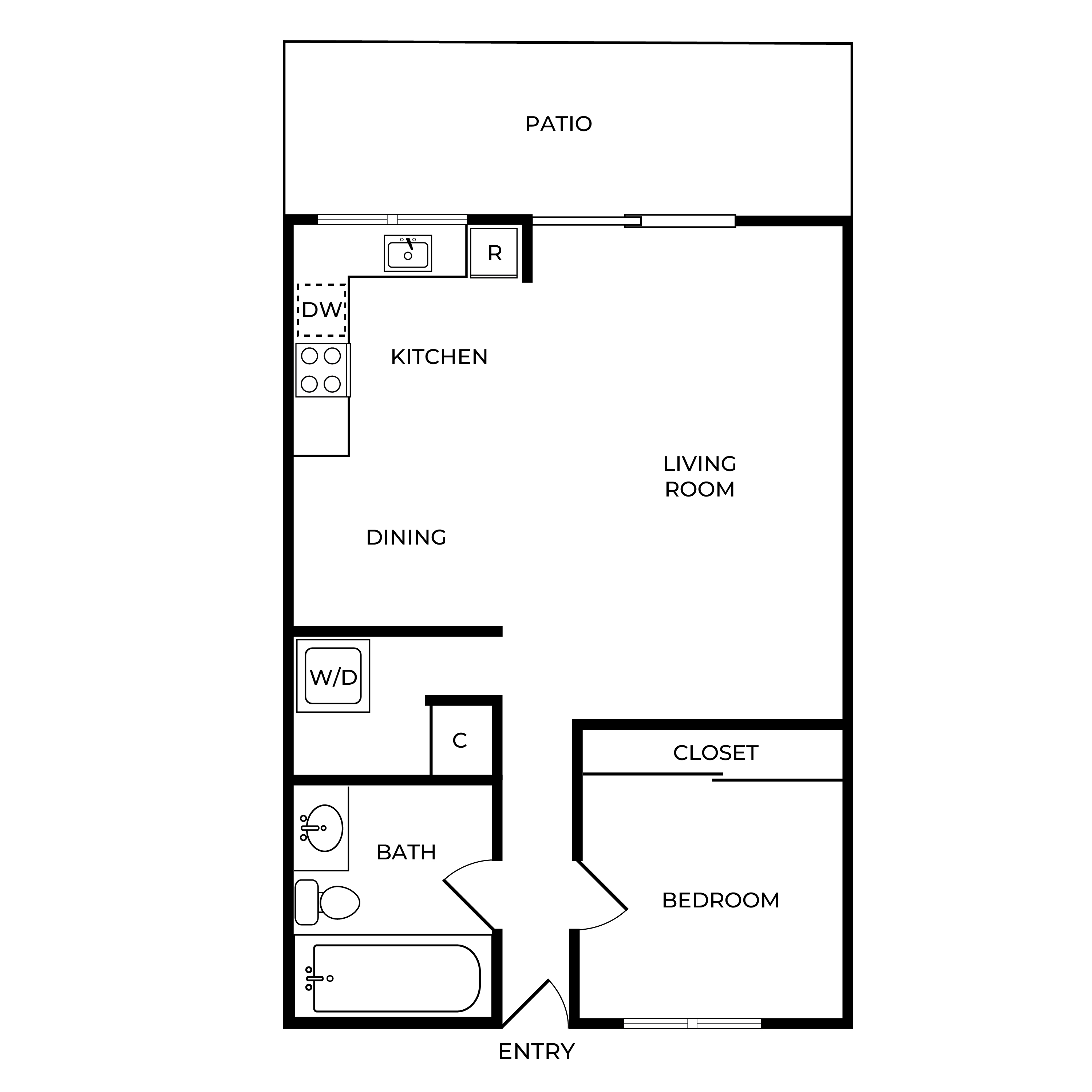 A floor plan of a small apartment with a kitchen, living room, dining room, bathroom, bedroom, and entry.