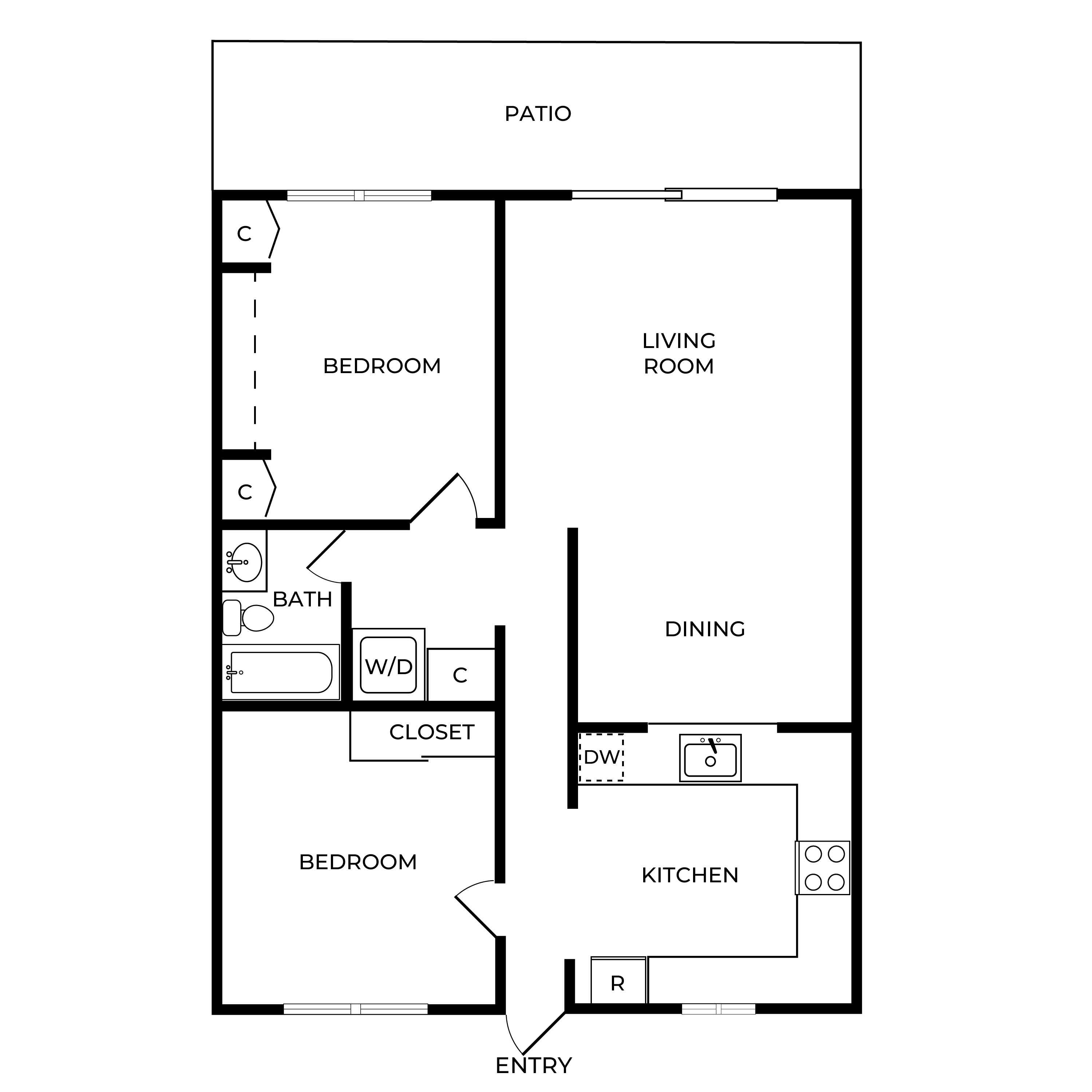 A floor plan of a house with a living room, dining room, kitchen, and two bedrooms.