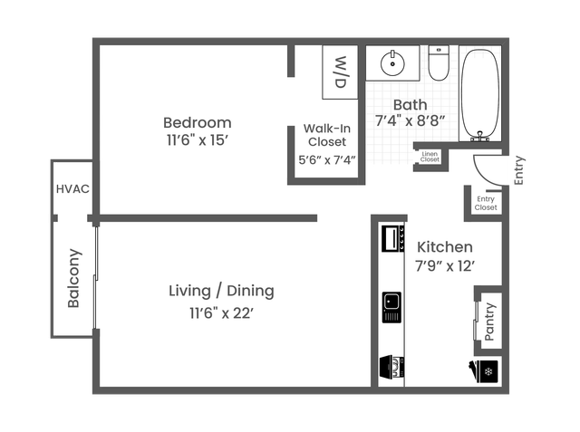 1 Bed 1 Bath Washer Dryer