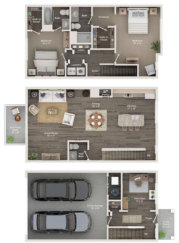 A floor plan of a house with a living room, two bedrooms, a bathroom, and a garage.