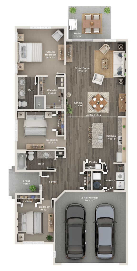 A detailed floor plan of a two-bedroom apartment with a living room, kitchen, and bathroom.