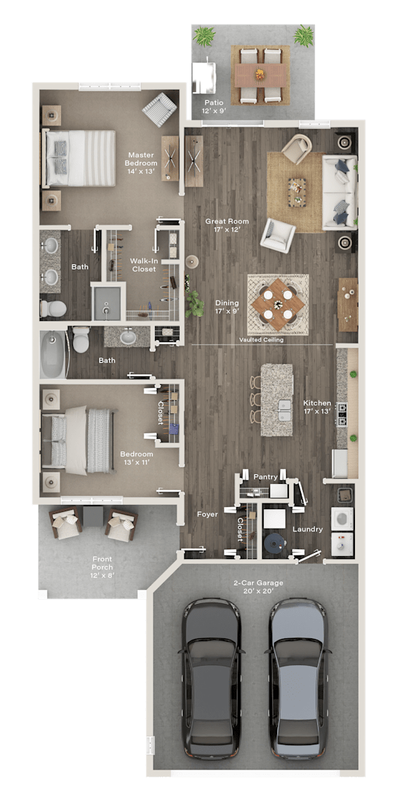 A floor plan of a house with two bedrooms, a living room, a kitchen, a dining room, a bathroom, a study, a garage, and a carport.