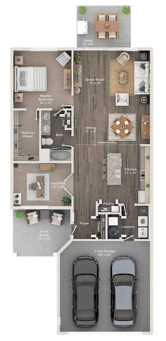 A floor plan of a house with two bedrooms, a living room, a kitchen, and a bathroom.