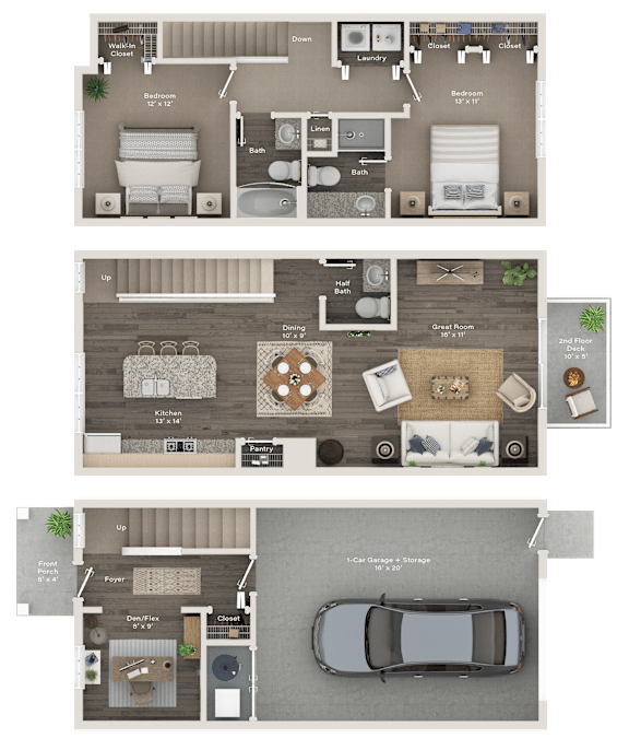 A detailed floor plan of a two-story house with labeled rooms and furniture.
