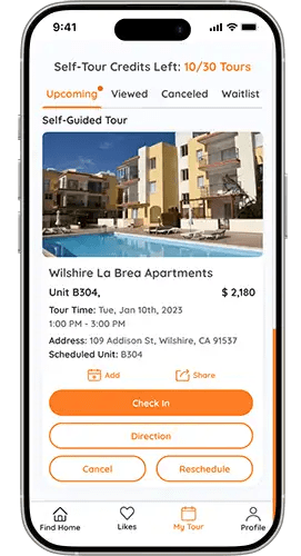 A phone screen displays a self-guided tour option for Wilshire La Brea Apartments.
