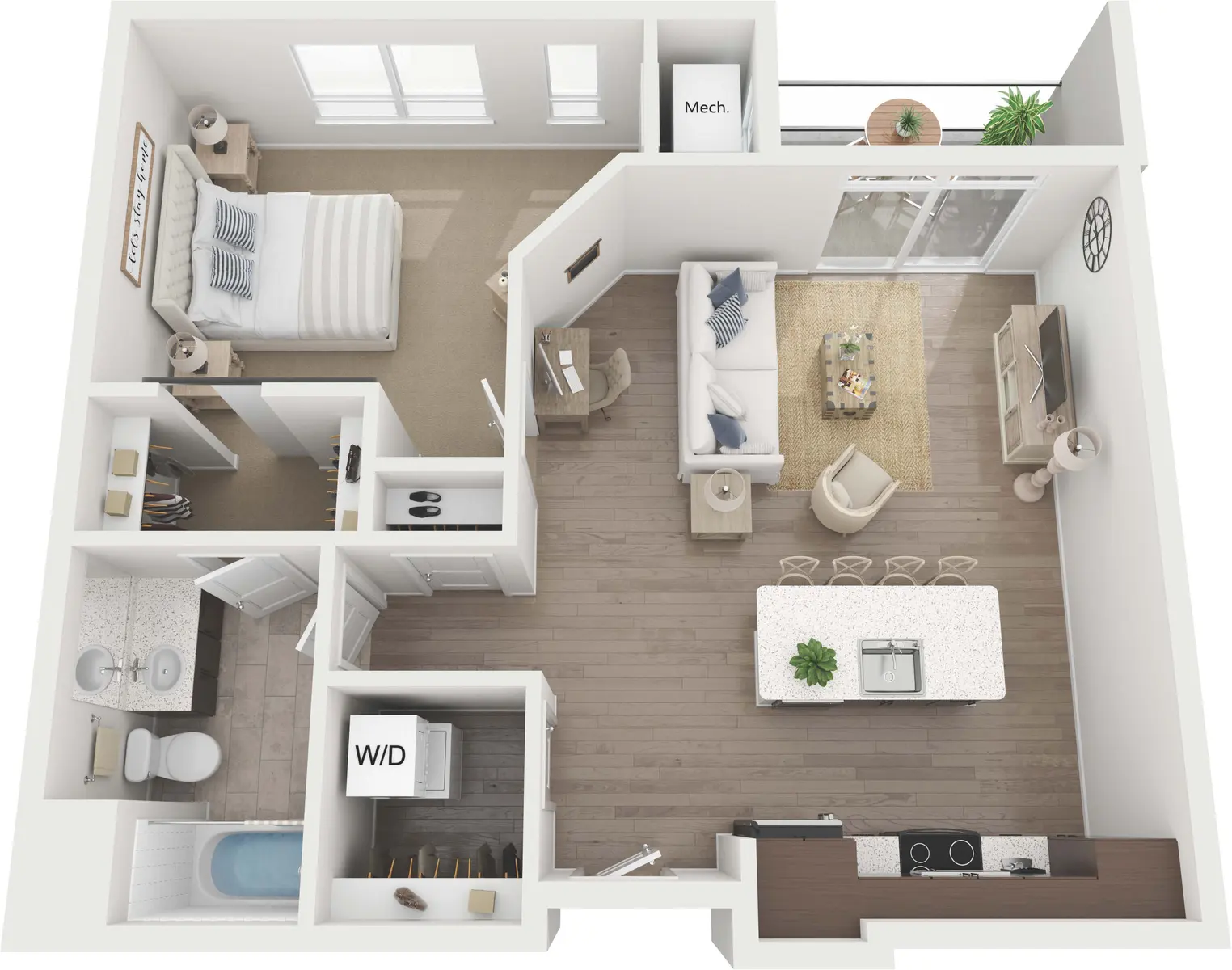 A 3D rendering of an apartment layout showing various rooms including a bedroom, bathroom, living area, and kitchen.