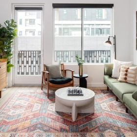 a living room with a couch and a coffee table