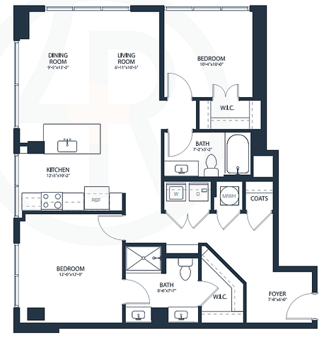 Modern apartment floor plan featuring 2 bedrooms, 2 bathrooms, a spacious kitchen with an island, and an open living and dining area, including walk-in closets and a dedicated foyer.