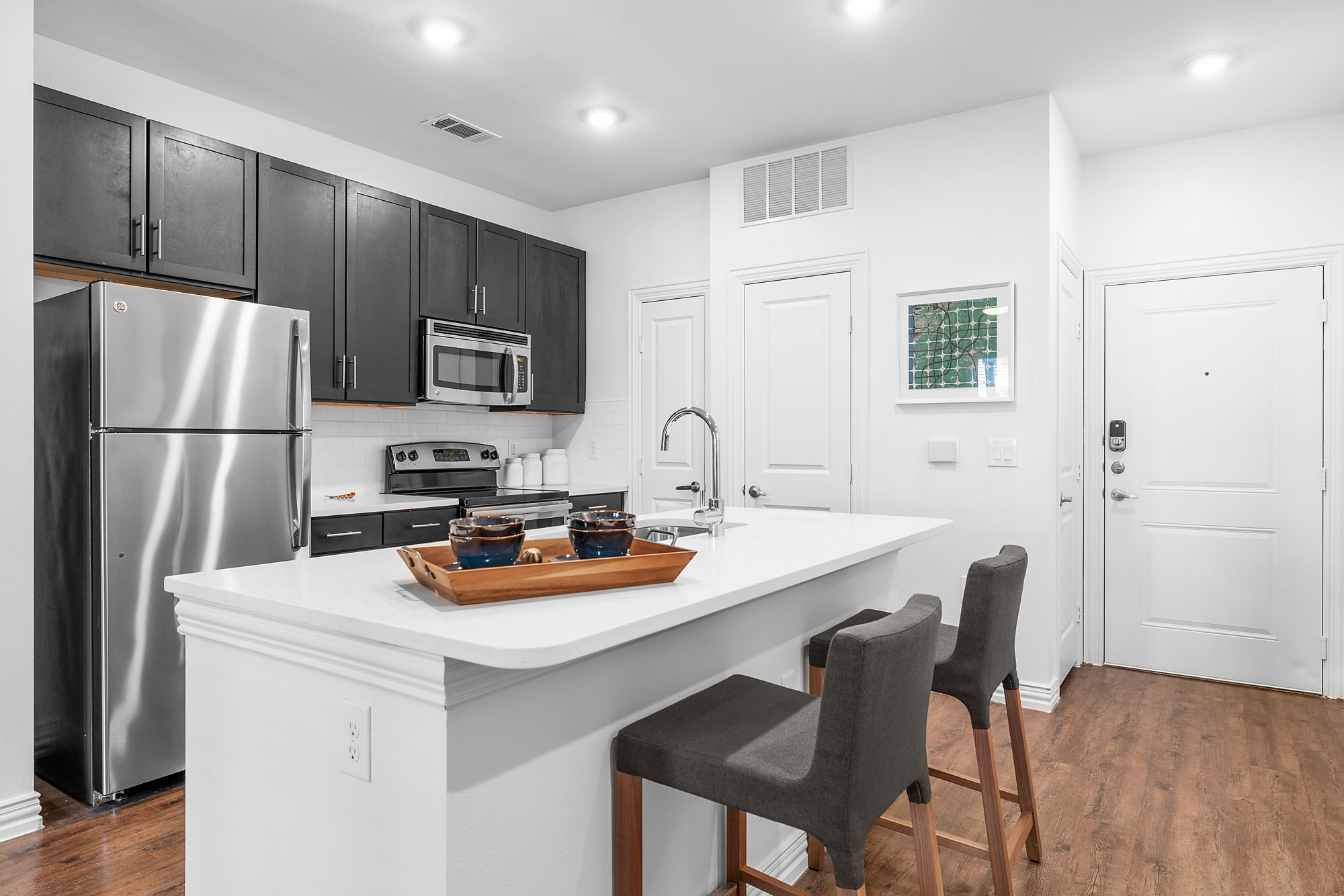Modern kitchen with dark cabinets, stainless steel appliances, and faux-wood flooring.