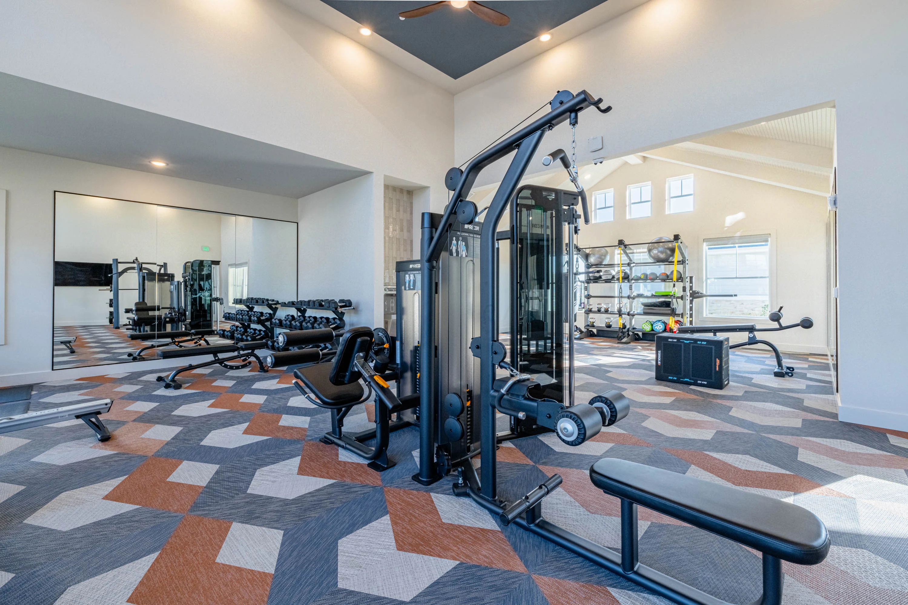 Modern apartment complex gym with various exercise machines and weights, bright lighting, and geometric-patterned carpet.
